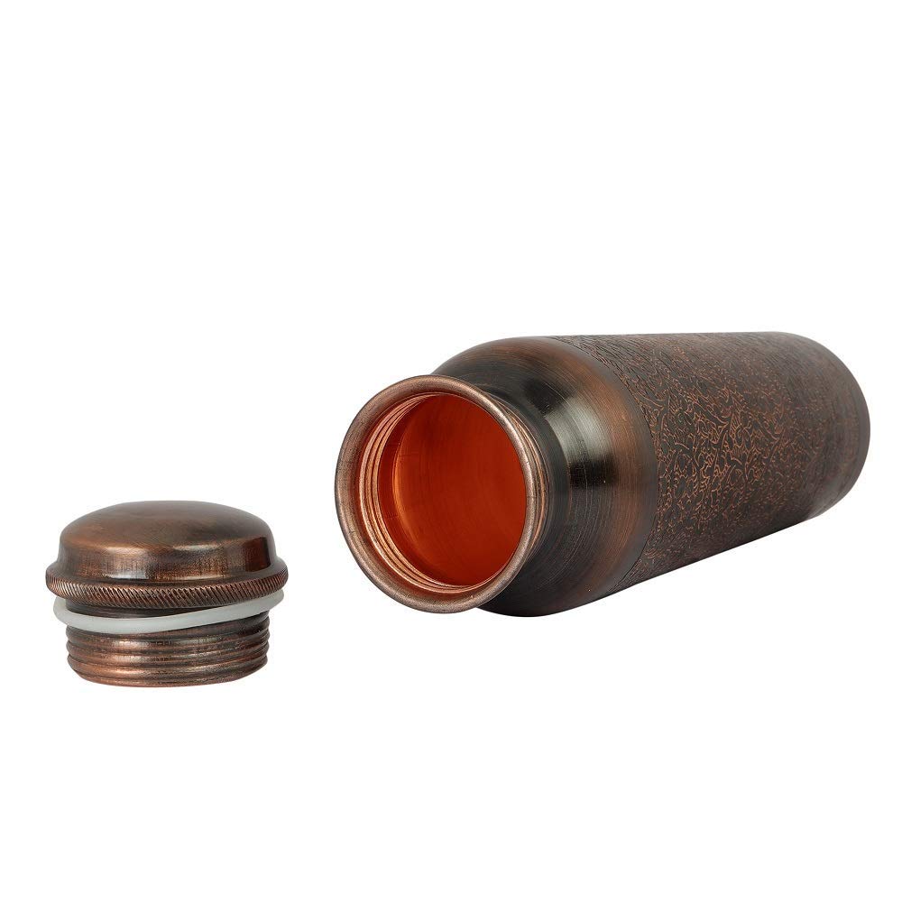 EarthoVeda Handcrafted Premium Divine Antique Engraved Design 100% Pure Copper Water Bottle 1 litre with 2 Glasses and Stand, Festive Gifting