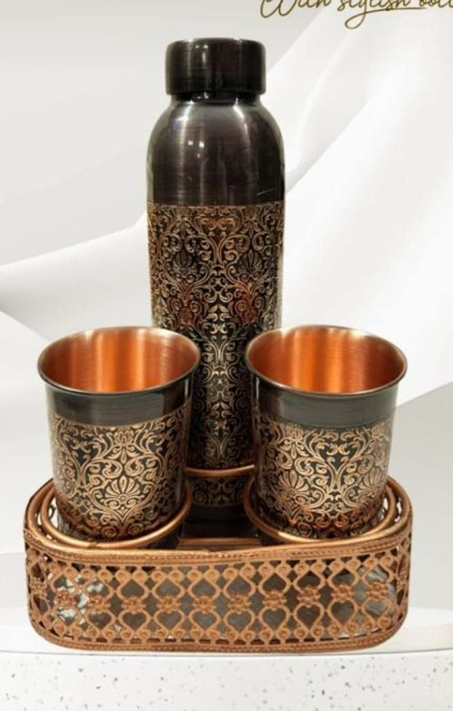 EarthoVeda Handcrafted Premium Divine Antique Engraved Design 100% Pure Copper Water Bottle 1 litre with 2 Glasses and Stand, Festive Gifting