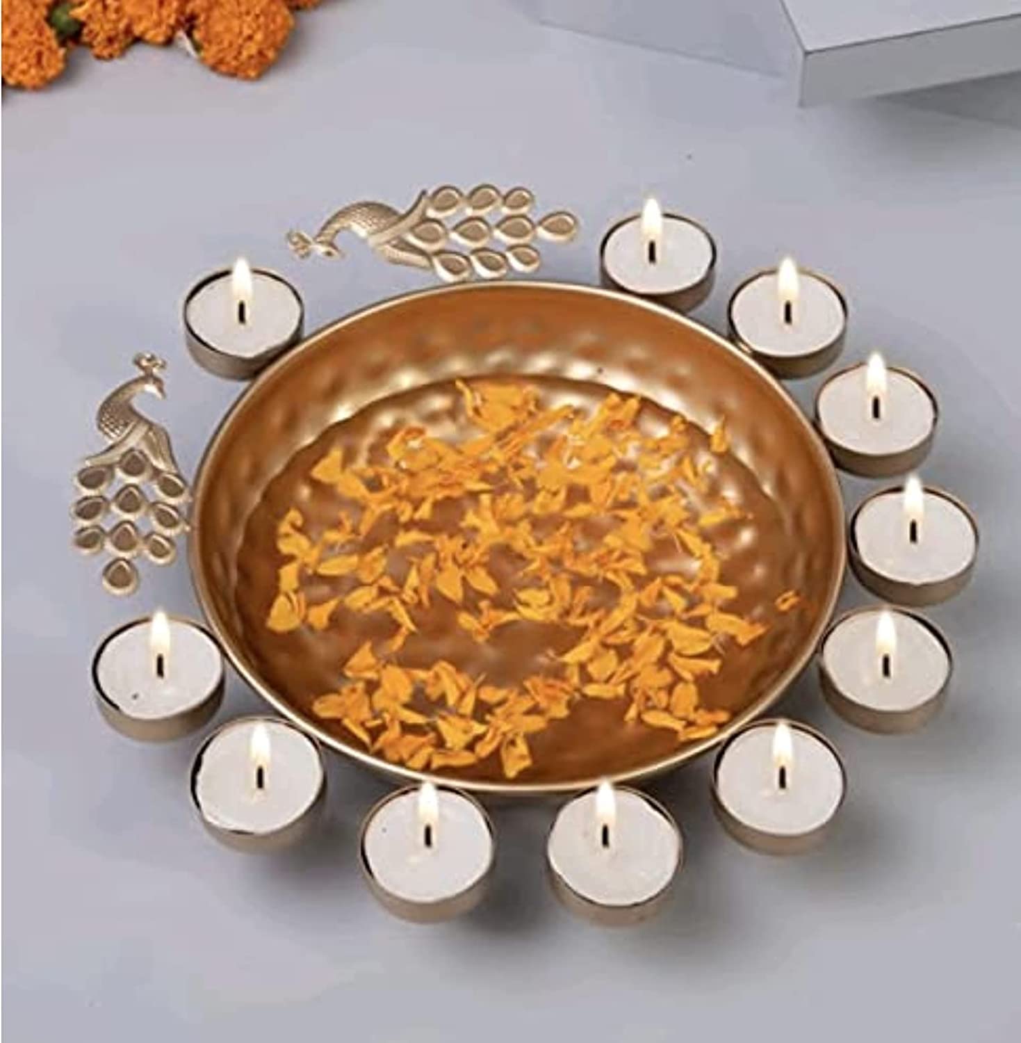 EarthoVeda Brass Bowl Golden Tea Light Peacock Flower Shape Decorative for Home Decor, Diwali Decoration Rangoli Items Gifts, Floating Flowers and Tea Light Candles