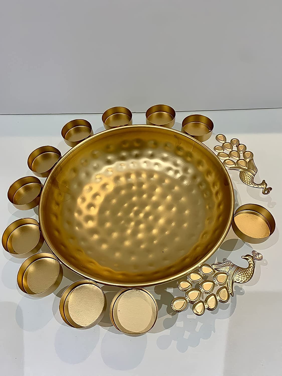 EarthoVeda Brass Bowl Golden Tea Light Peacock Flower Shape Decorative for Home Decor, Diwali Decoration Rangoli Items Gifts, Floating Flowers and Tea Light Candles