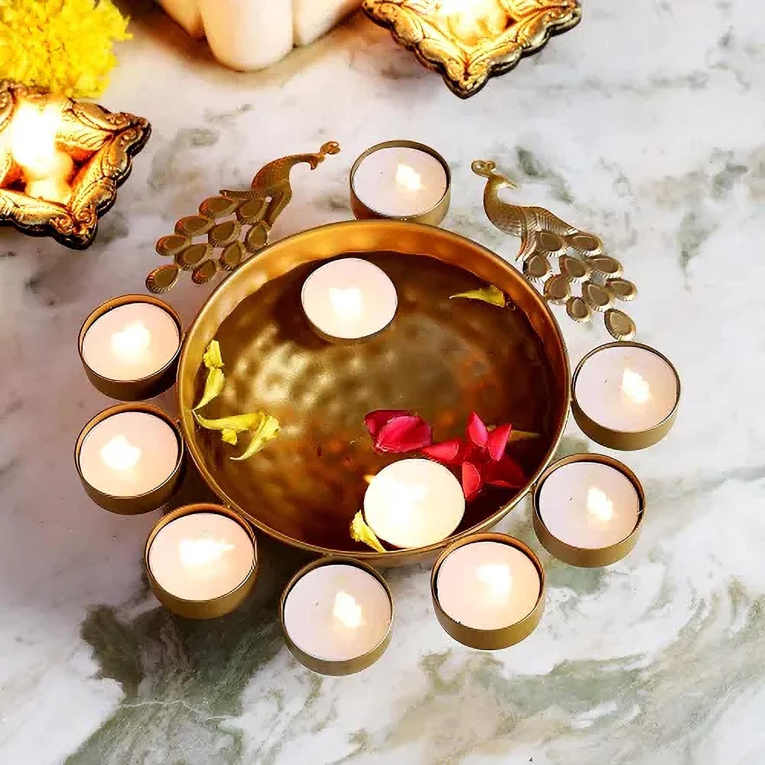 EarthoVeda Brass Bowl Golden Tea Light Peacock Flower Shape Decorative for Home Decor, Diwali Decoration Rangoli Items Gifts, Floating Flowers and Tea Light Candles