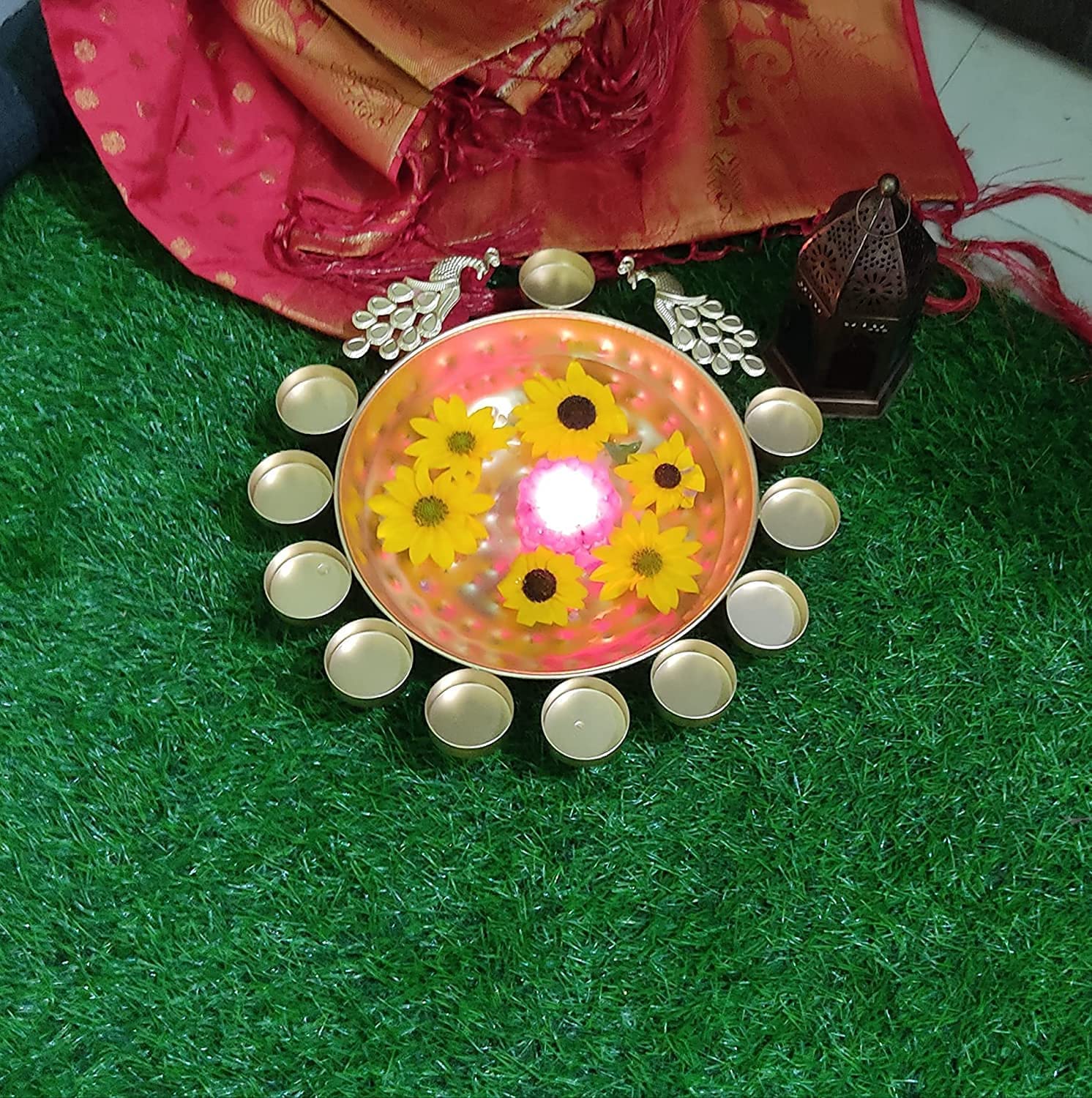 EarthoVeda Brass Bowl Golden Tea Light Peacock Flower Shape Decorative for Home Decor, Diwali Decoration Rangoli Items Gifts, Floating Flowers and Tea Light Candles